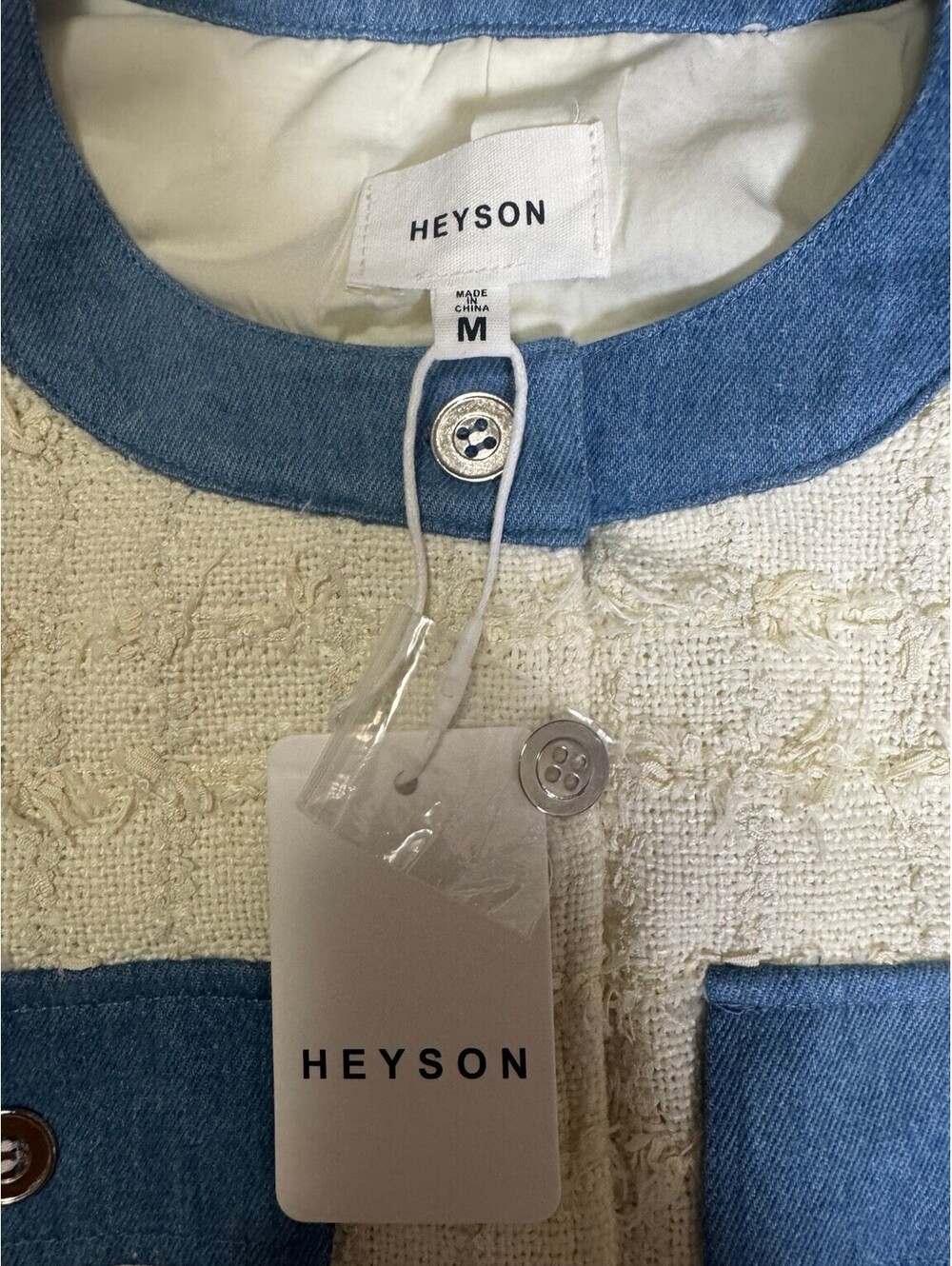 HEYSON women's ivory tweed denim trim sleeveless button front mini dress - Picture 4 of 9